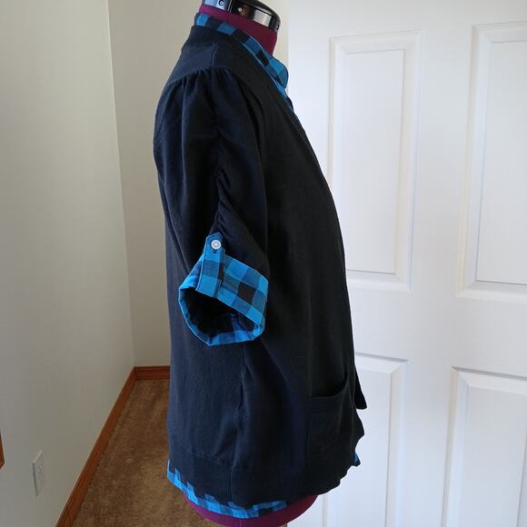 GNW Indigo Teal Layered Look Cardigan Blouse L plaid pintuck tunic roll sleeve - Picture 4 of 16